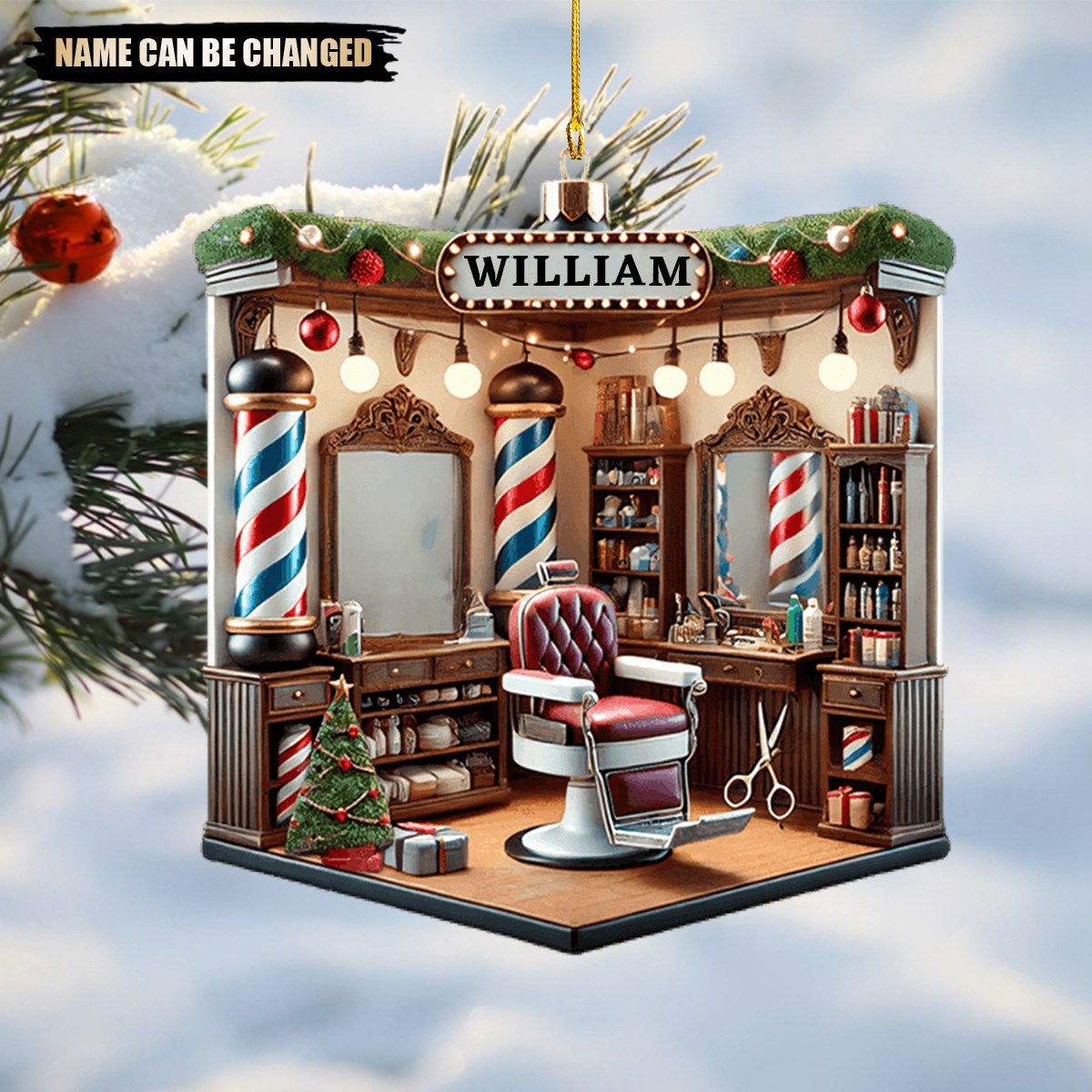 Custom Name Barber Shop Christmas Tree Ornament