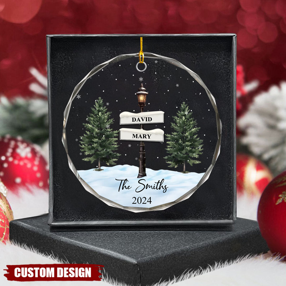 Vintage Family Lamp Post Signs - Personalized Christmas Glass Ornament