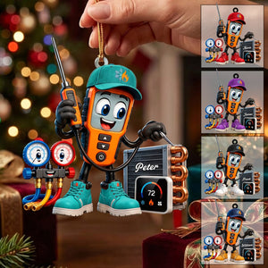 HVAC Digital Meter Mascot Holding Temperature Probe Ornament – Funny Personalized Gift for AC Technicians