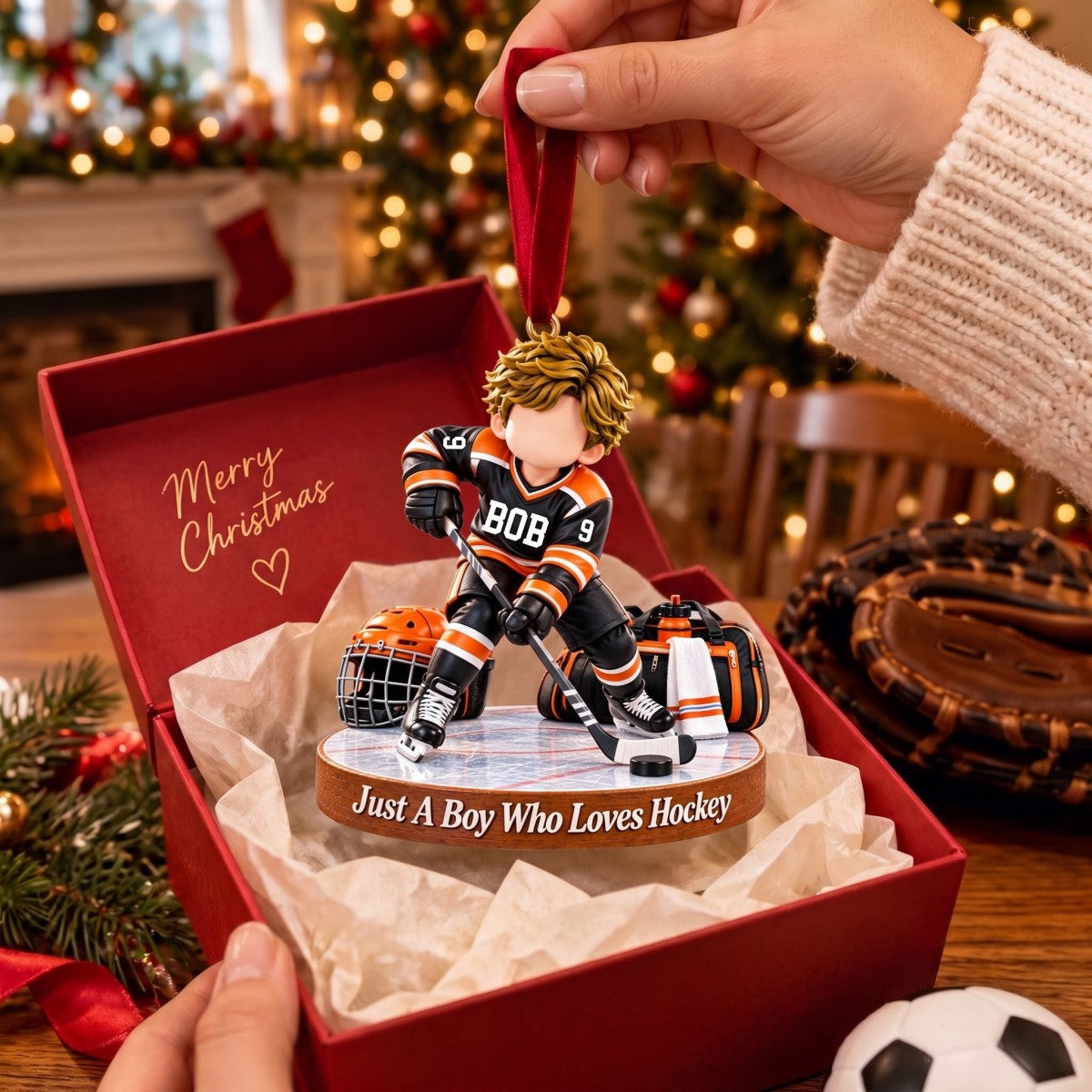 Personalized Hockey Boy Hockey Girl Christmas Ornament