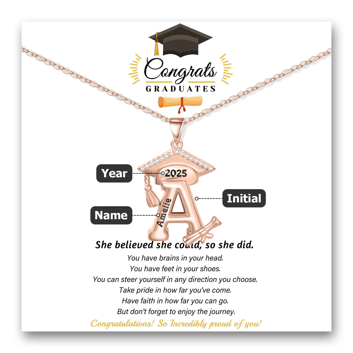 Engraved Name Personalized Bachelor Hat Graduation Initial Necklace
