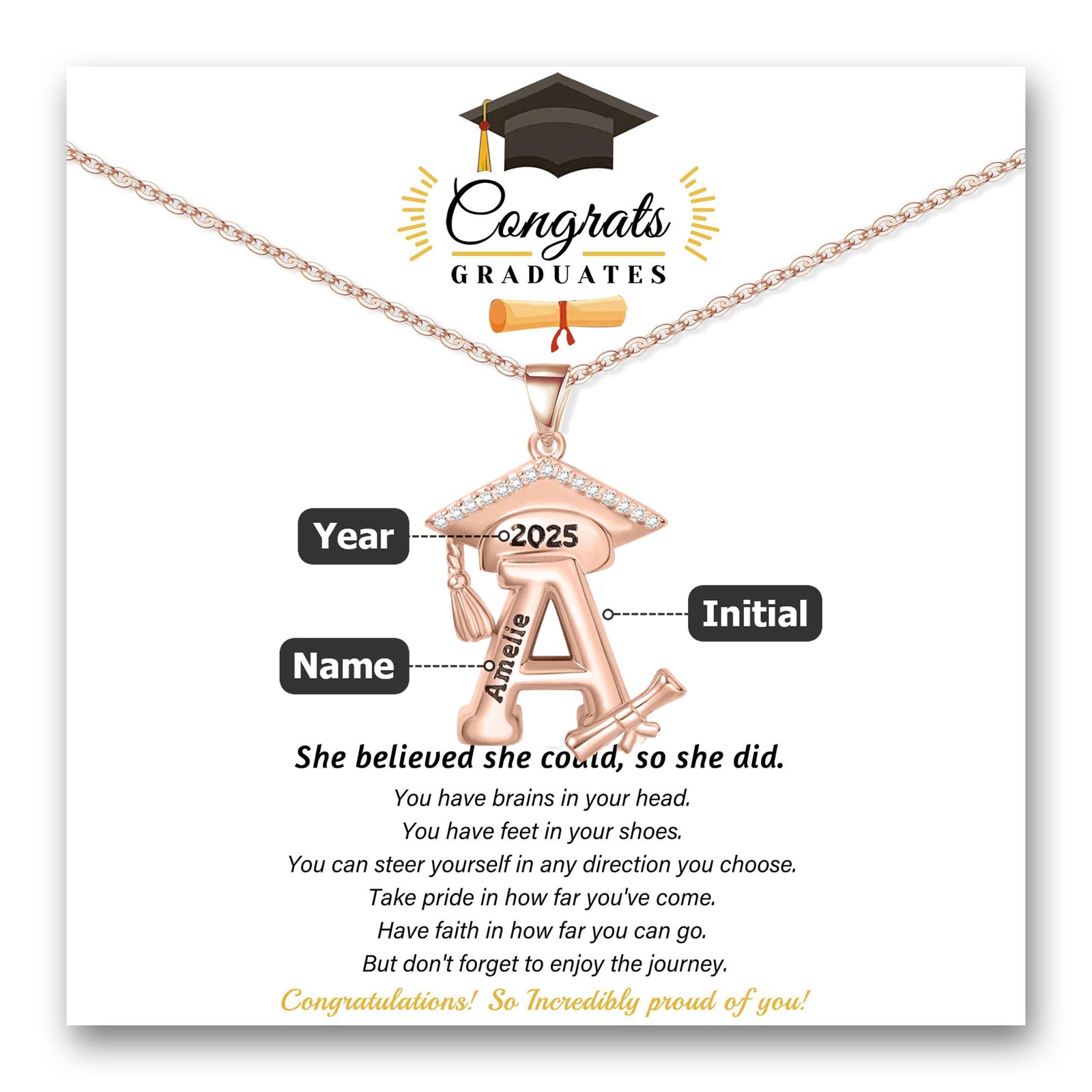 Engraved Name Personalized Bachelor Hat Graduation Initial Necklace