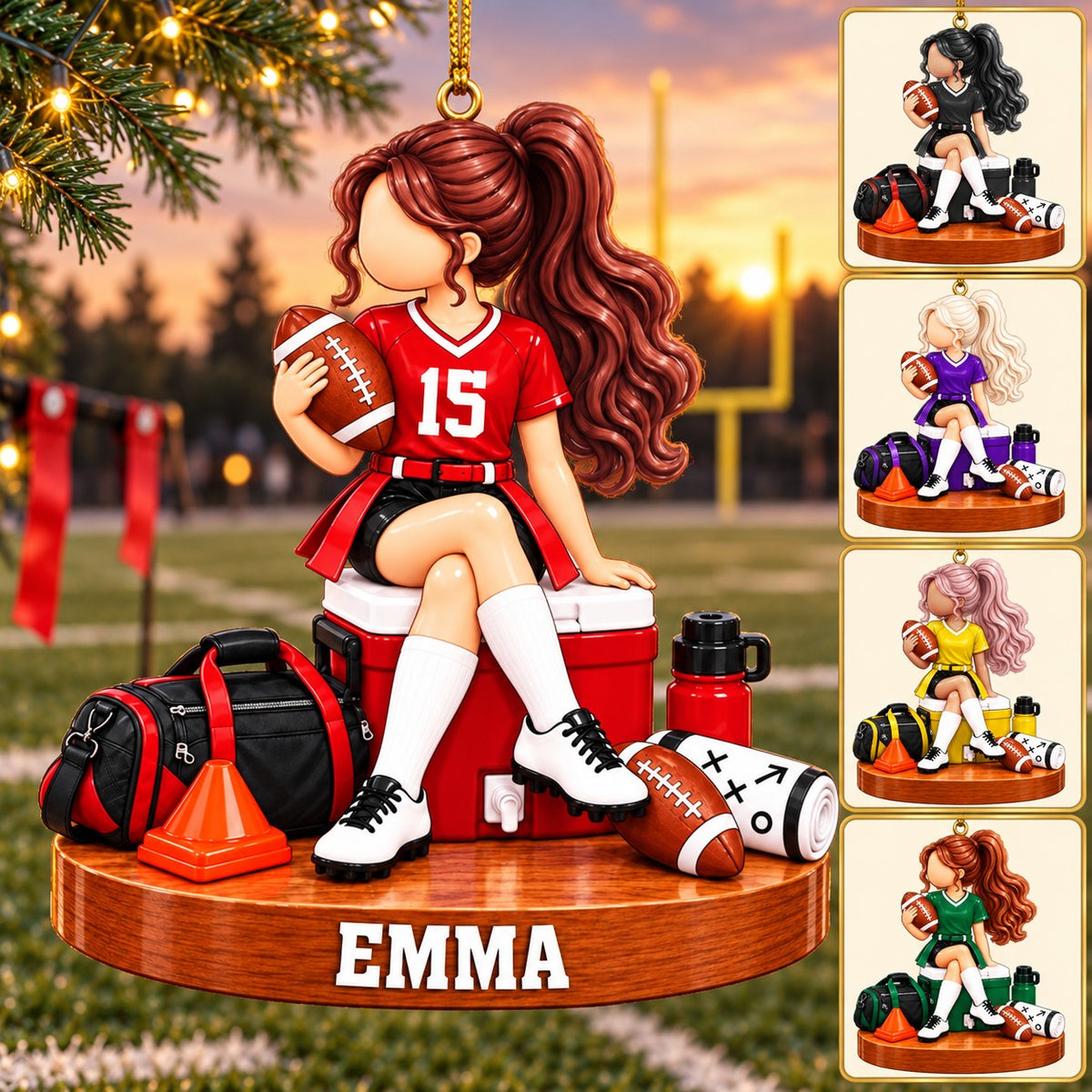 Personalized Girls’ Flag Football Christmas Ornament, Custom Name Female Football Player Gift