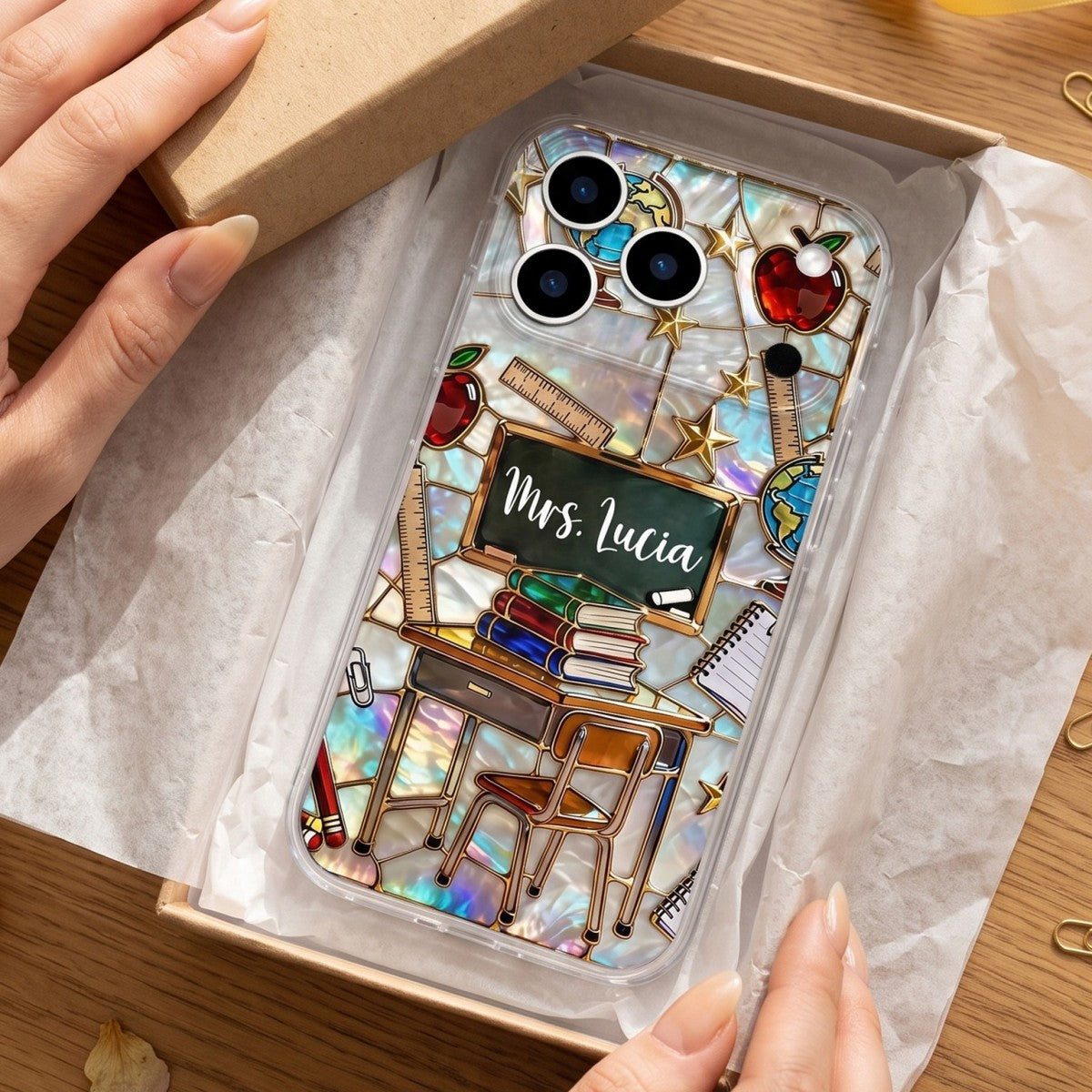 Classroom Inspired Book & Apple Design – Personalized Clear Phone Case | Gift For Teachers & Educators