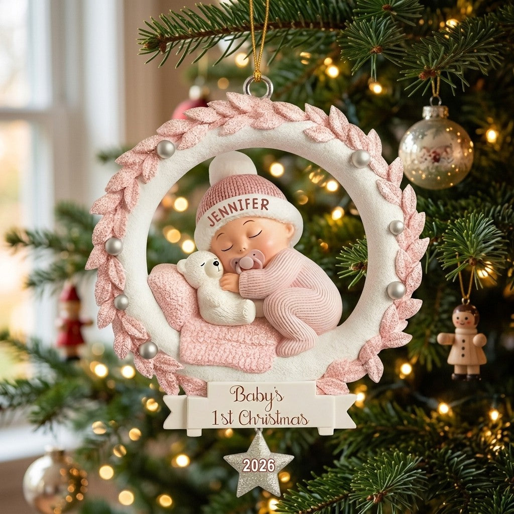 Baby And Wreath – Baby's 1st Christmas Personalized Ornament