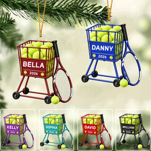 Personalized Tennis Ball Cart Christmas Ornament – Custom Name 2026 | Acrylic Keepsake Gift For Tennis Coach & Player