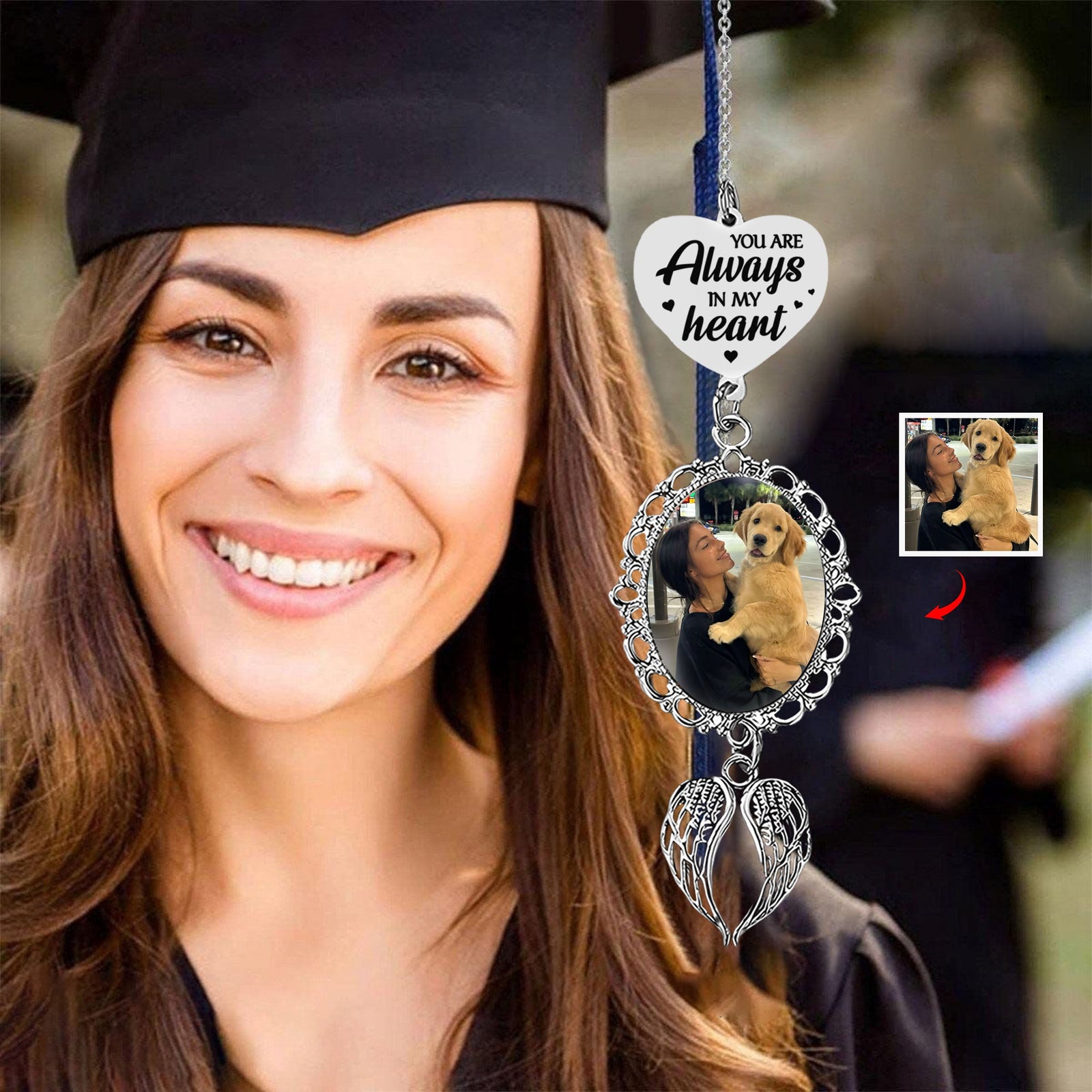 You Are Always In My Heart - Memorial Personalized Photo Graduation Tassel Heart & Angel Wing Charm