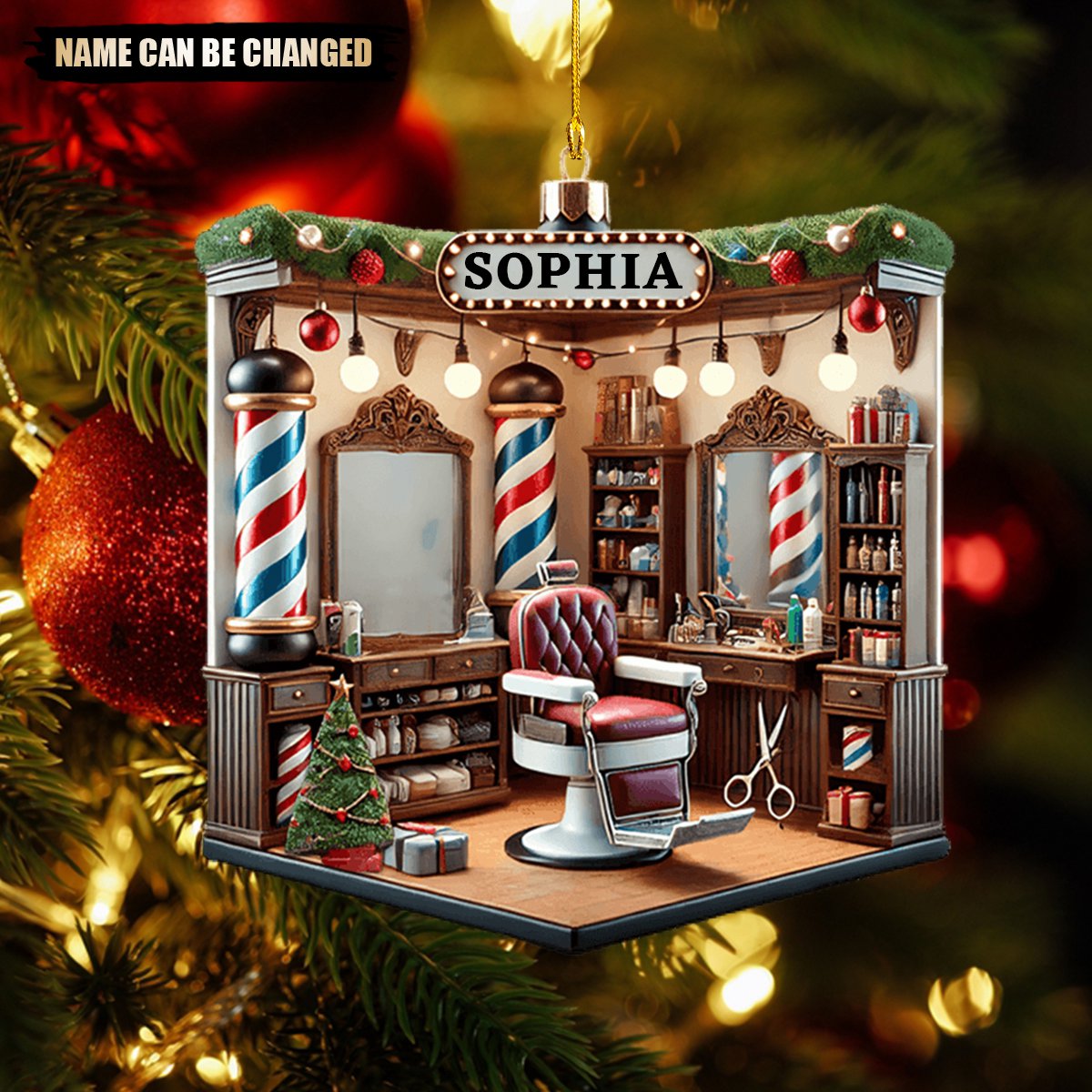 Custom Name Barber Shop Christmas Tree Ornament