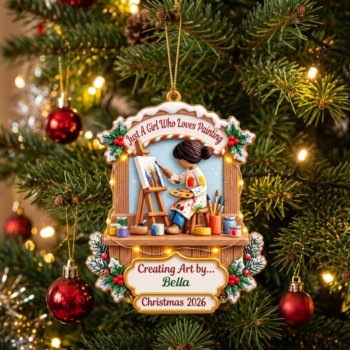 Personalized Painter Girl Christmas Acrylic Ornament – Custom Name & Year Artist Keepsake | Gift For Women Who Love Painting