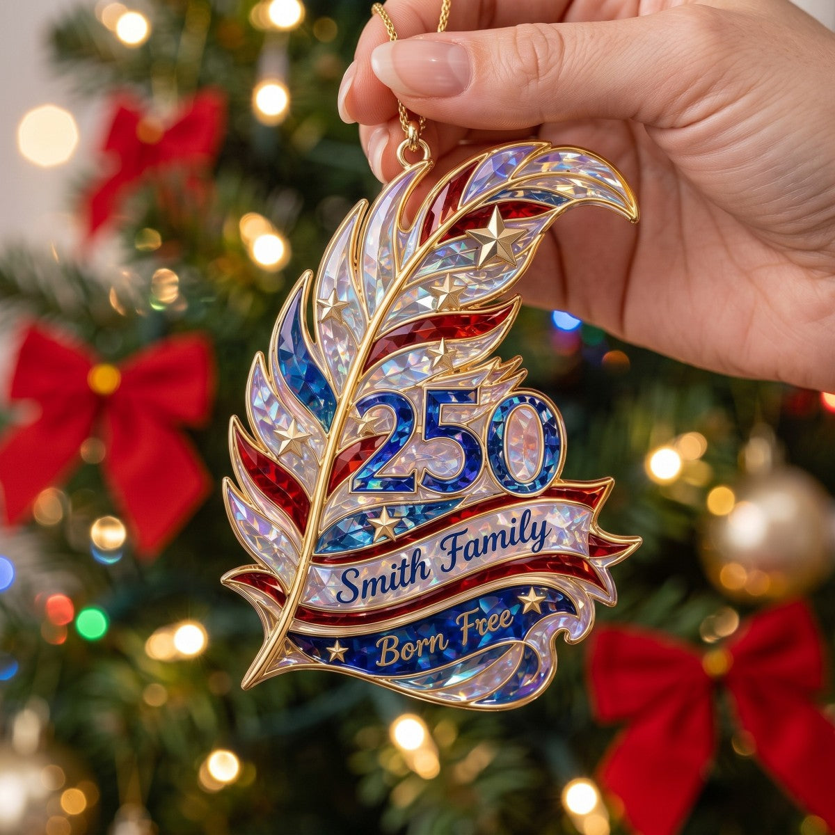 Born Free Custom Feather Shape Personalized Acrylic Ornament – America 250th Family Keepsake