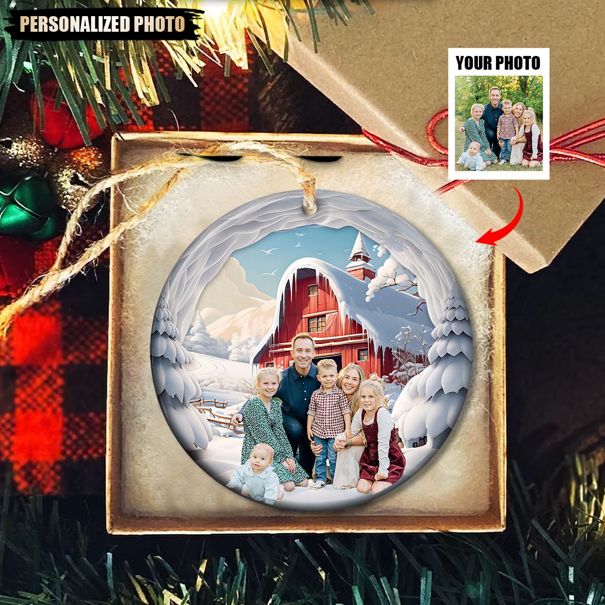 Family Photo Personalized Christmas Snow Ceramic Ornament