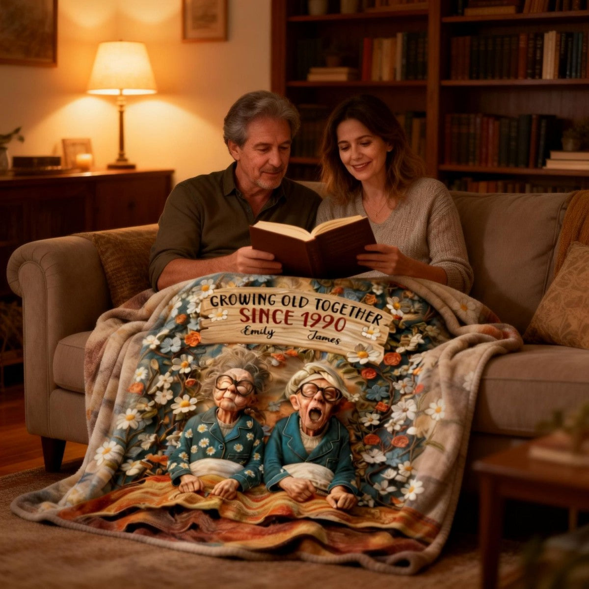 Growing Old Together, Elderly Couple And Flowers, Personalized Blanket, Gift For Couples And Grandparents
