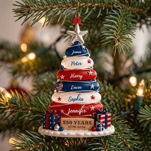 Blue, White & Red Stone Christmas Tree Ornament - Family Personalized Gift For USA 250th Anniversary