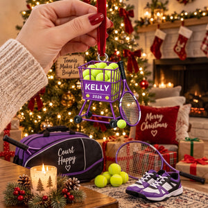 Personalized Tennis Ball Cart Christmas Ornament – Custom Name 2026 | Acrylic Keepsake Gift For Tennis Coach & Player