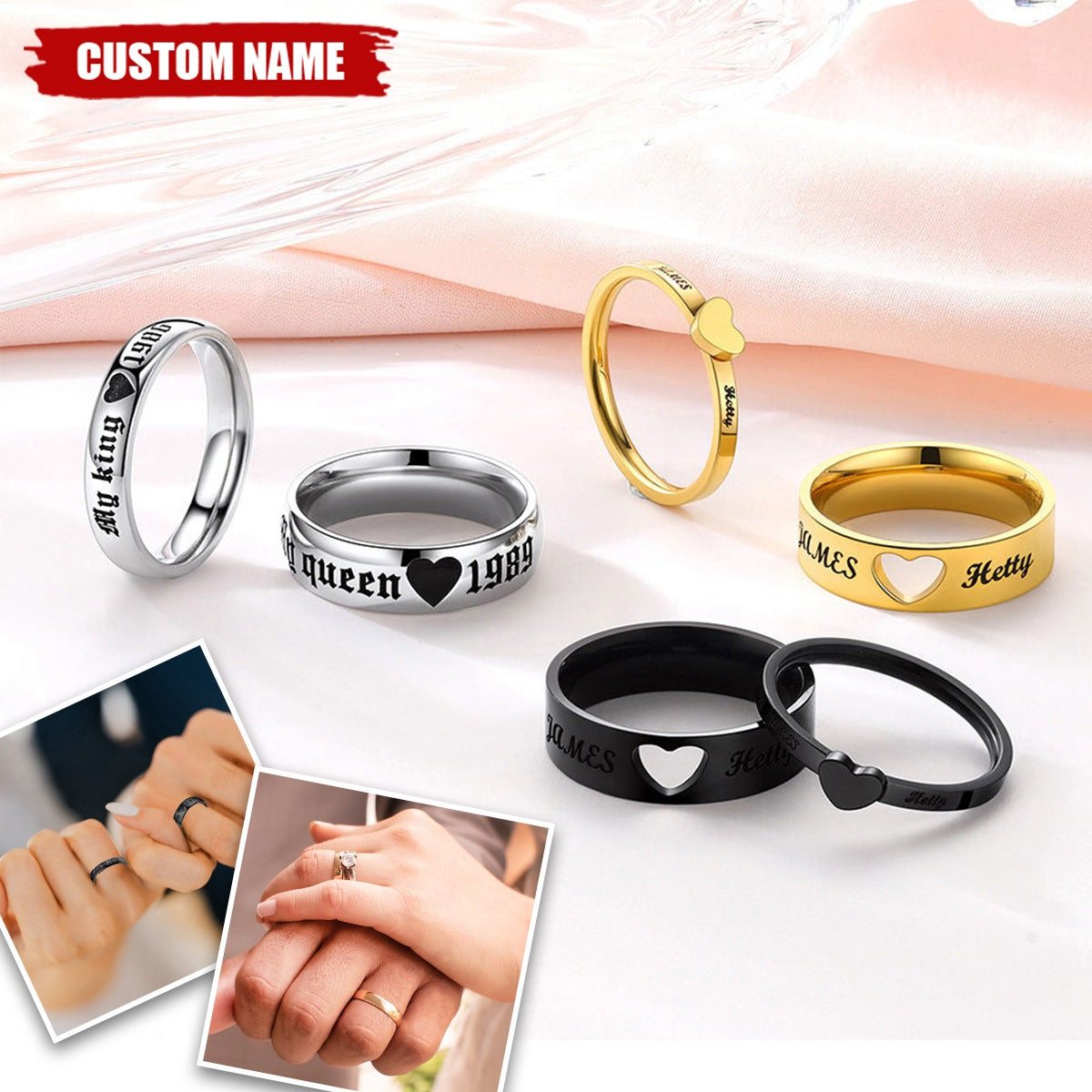 Couple Ring - Personalized Name Matching Heart Promise Rings