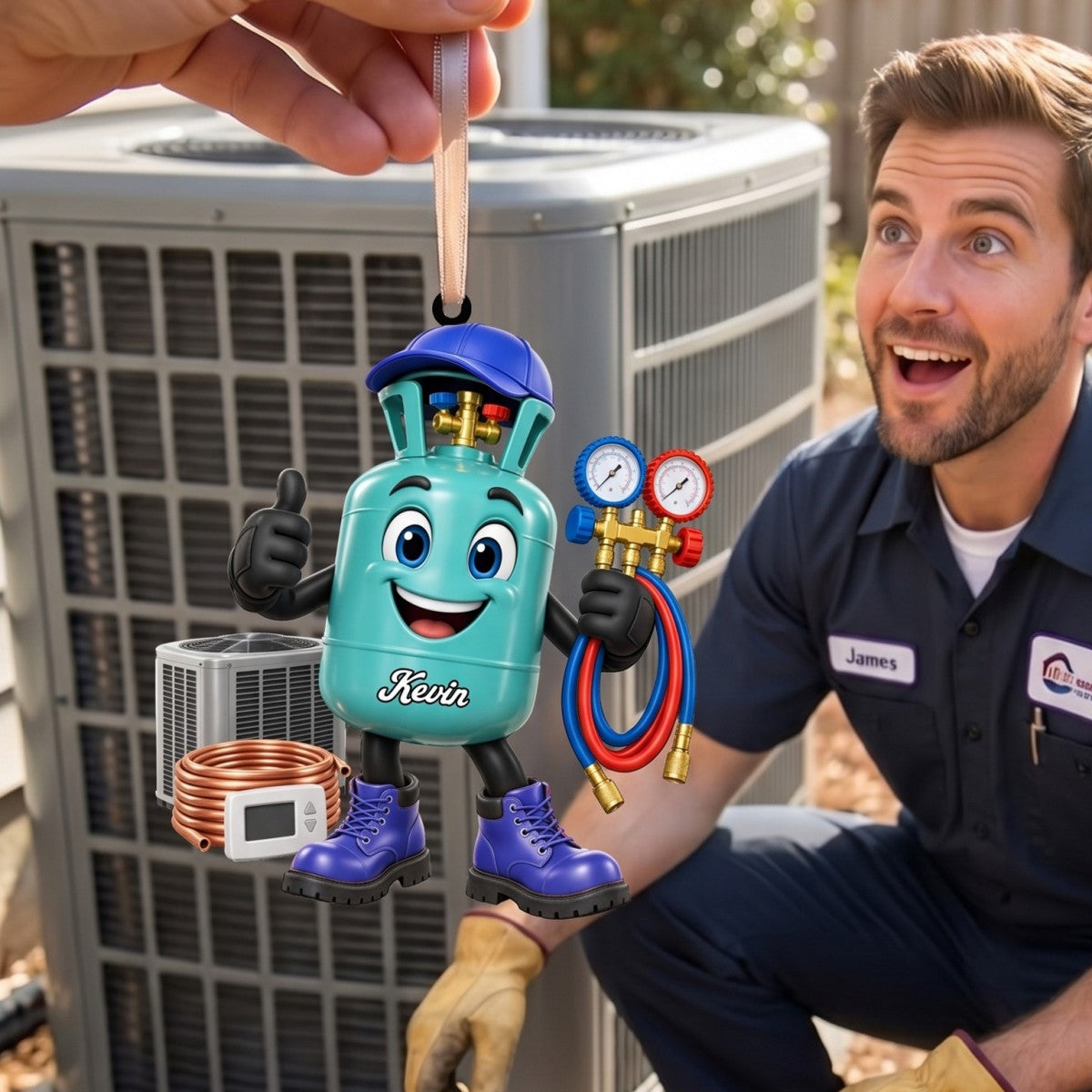 HVAC Refrigerant Tank Mascot Ornament – Funny Personalized Heating & Cooling Tech Gift