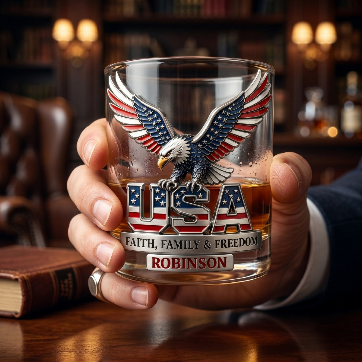USA Strong Eagle Whiskey Glass - Personalized Gifts For Patriots