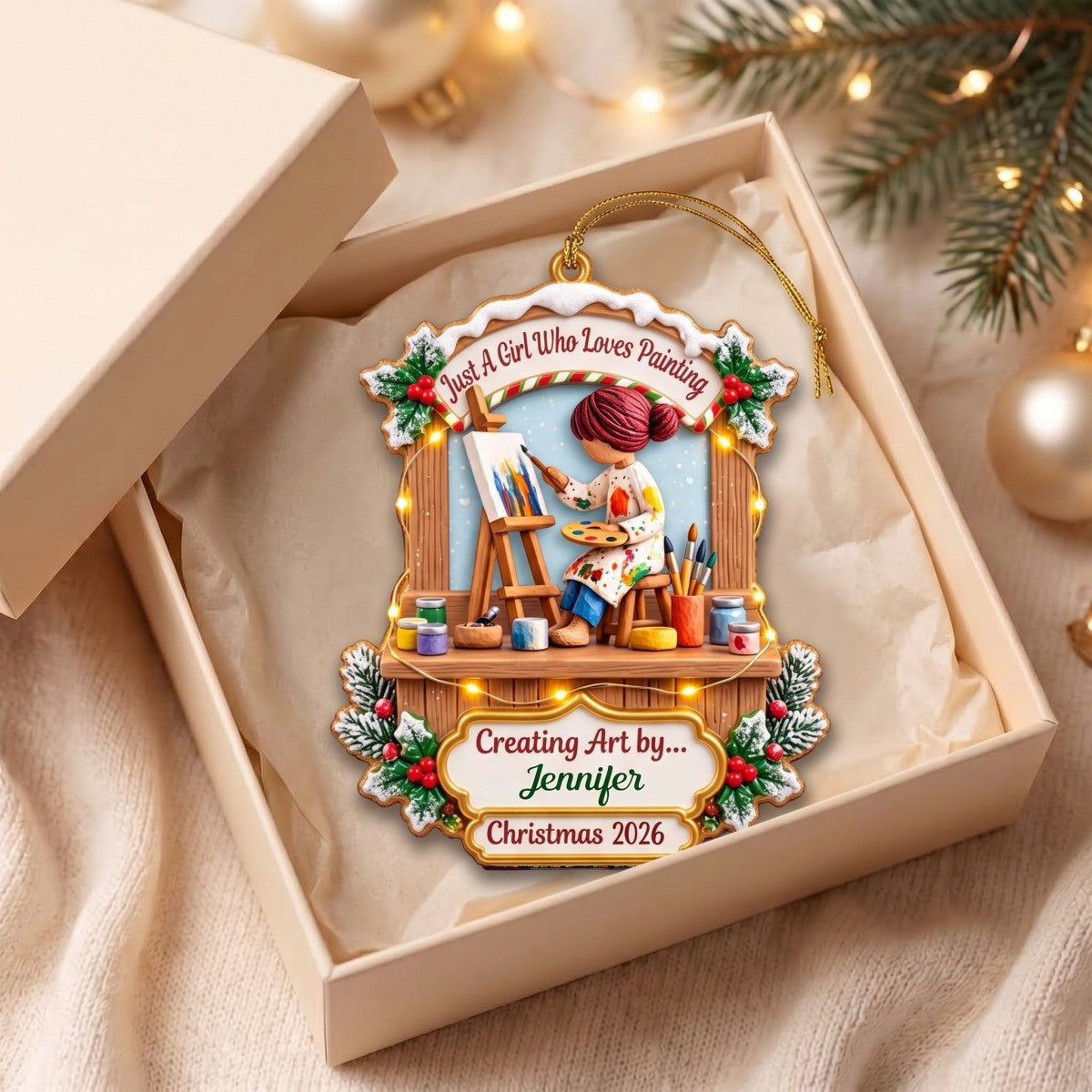 Personalized Painter Girl Christmas Acrylic Ornament – Custom Name & Year Artist Keepsake | Gift For Women Who Love Painting