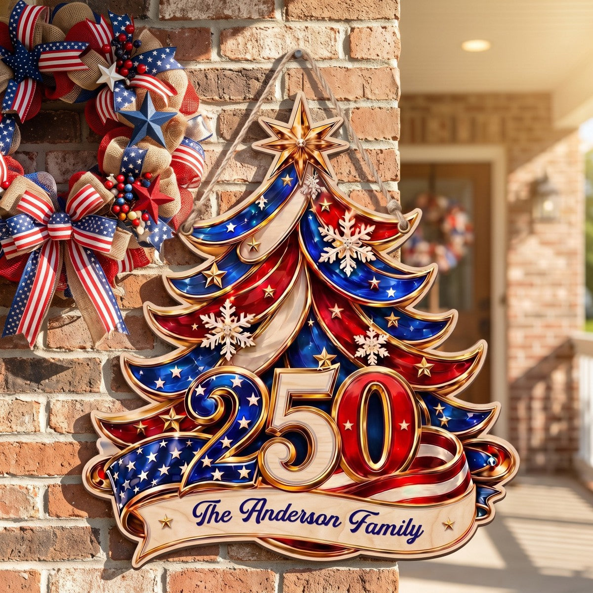 America 250th Anniversary Christmas Tree Wood Sign - Personalized Gifts for Patriotic Family