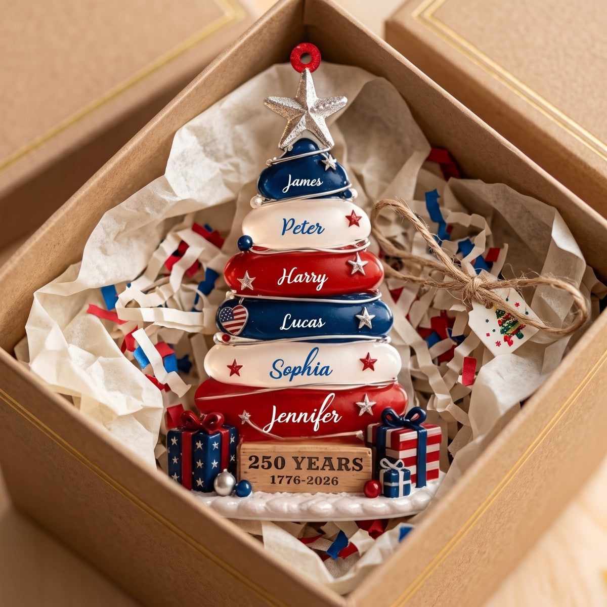 Blue, White & Red Stone Christmas Tree Ornament - Family Personalized Gift For USA 250th Anniversary