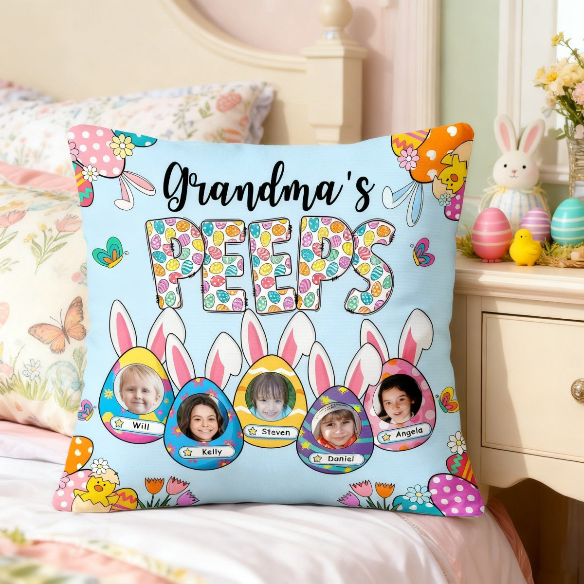 Grandma's Bunnies Ears Easter Eggs Photo Soft Throw Pillow Cover with Name - Personalized Pillow