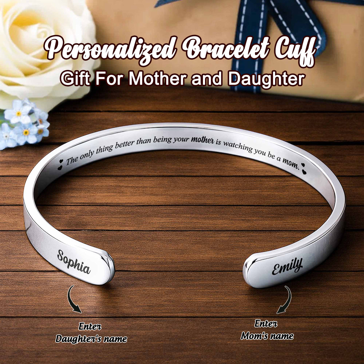Mom & Daughter Always Connected By Heart - Personalized Bracelet Cuff Gift For Mother and Daughter