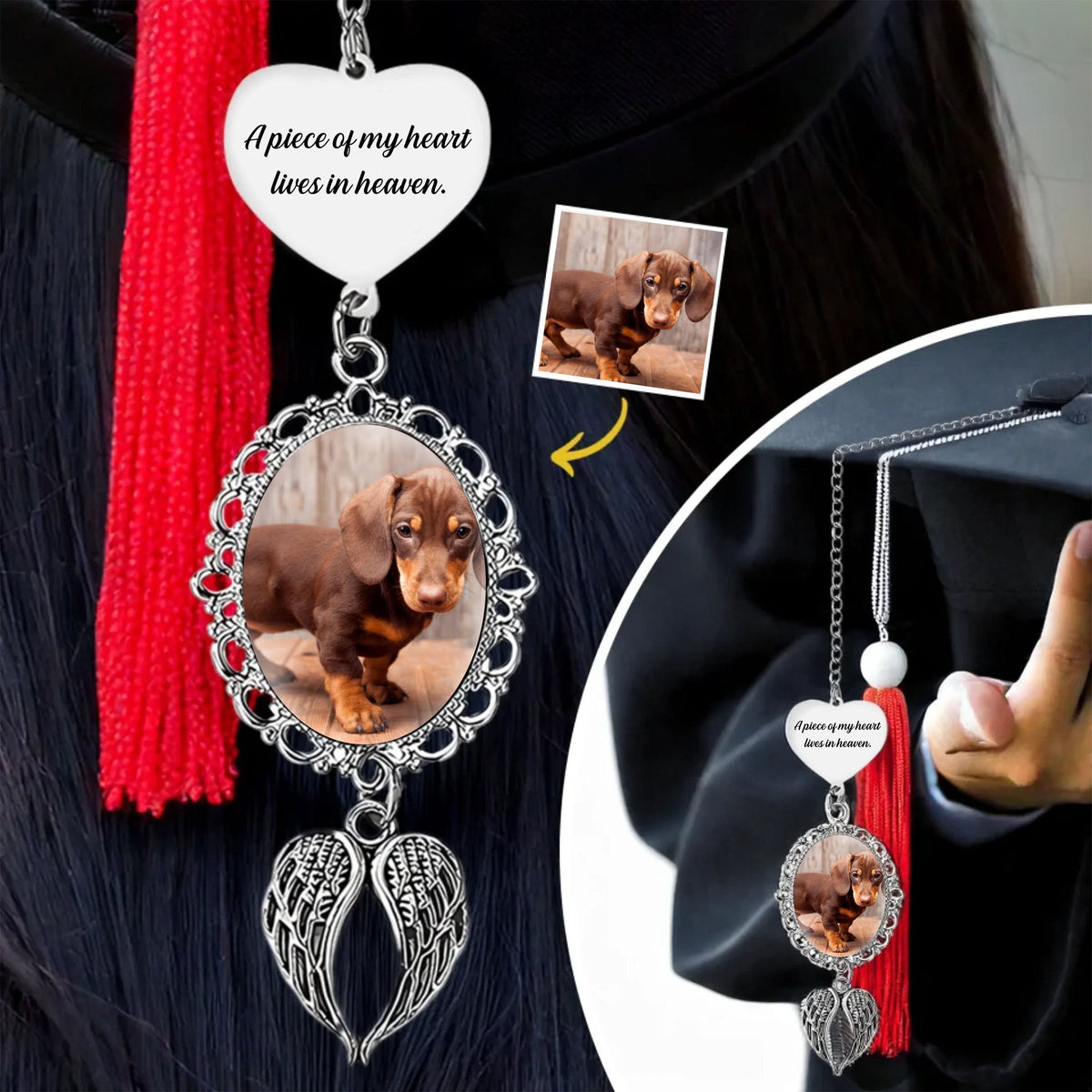 You Are Always In My Heart - Memorial Personalized Photo Graduation Tassel Heart & Angel Wing Charm