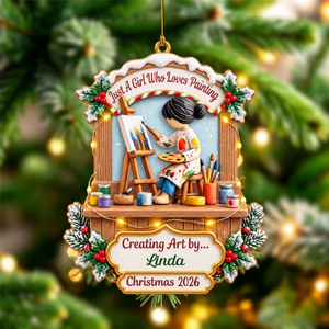 Personalized Painter Girl Christmas Acrylic Ornament – Custom Name & Year Artist Keepsake | Gift For Women Who Love Painting