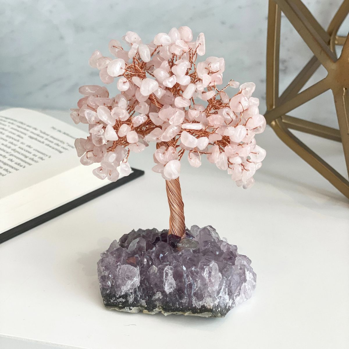 Crystal Tree Rose Quartz Tree Of Life with Amethyst Base - Amethyst Tree, Rose Quartz Tree