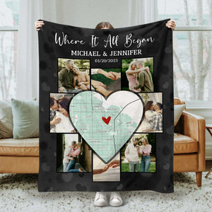 Custom Picture Collage Blanket With Location Map, Personalized Where It All Began Gift, Blankets For Couples