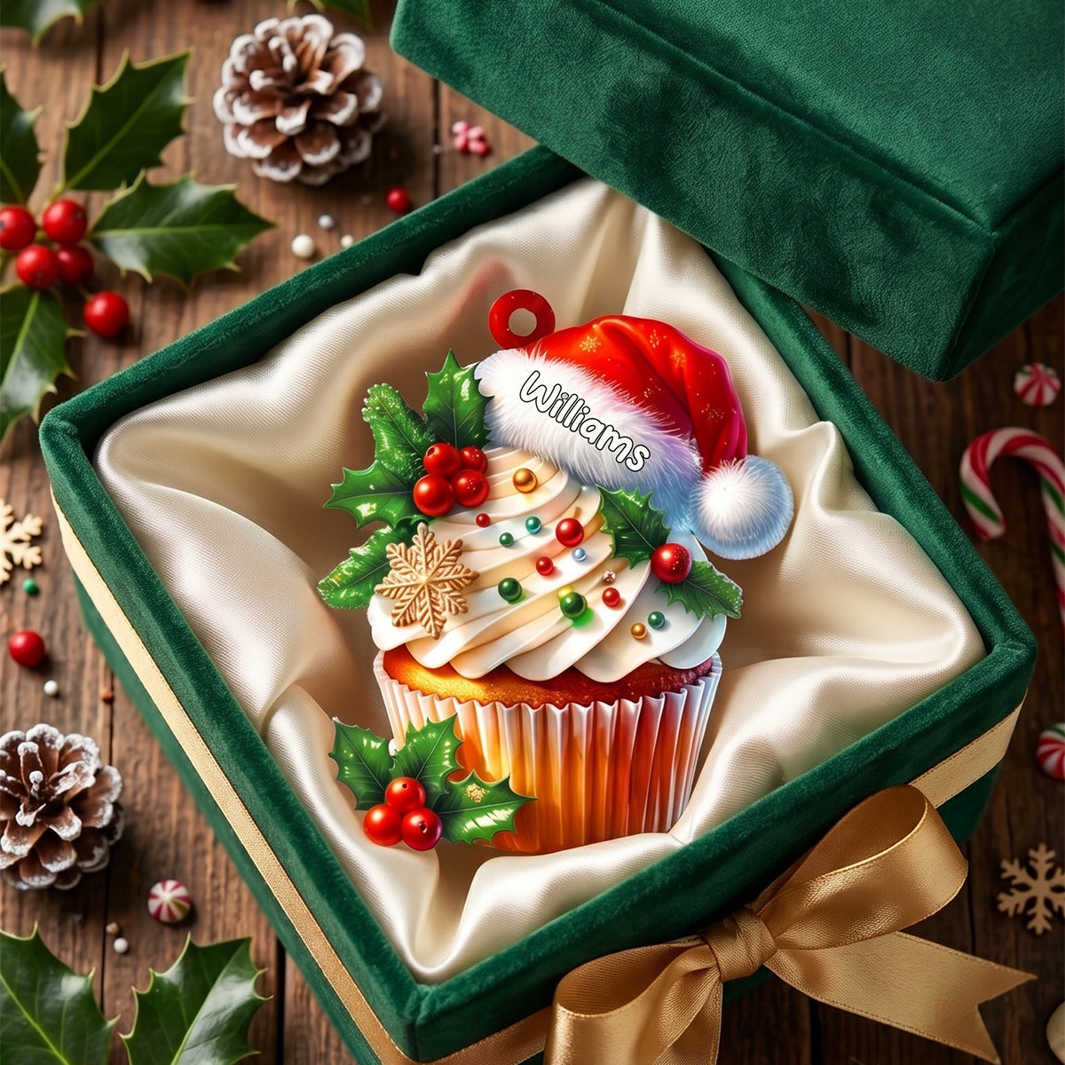 Personalized Santa Hat Cupcake Acrylic Ornament - Custom Holiday Tree Charm