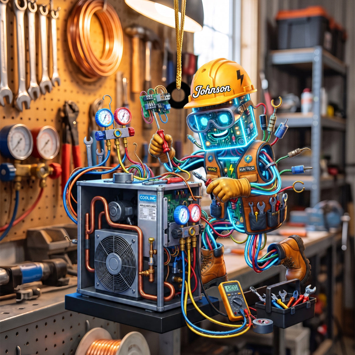 Personalized HVAC Tech Robot Fixing AC Unit Acrylic Christmas Ornament For HVAC Workers
