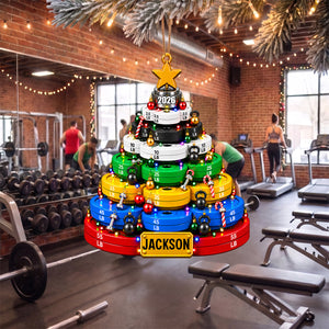 Weight Plate Christmas Tree Acrylic Ornament – Personalized Gym Name Keepsake | Fitness Lover Gift