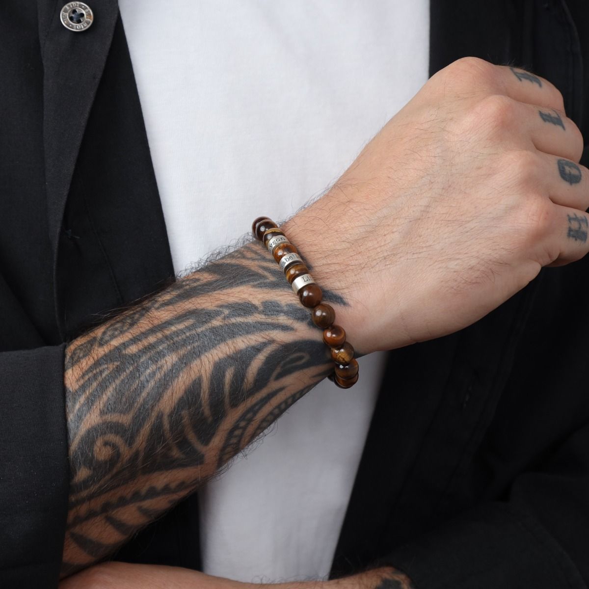 Personalized Tiger's Eye Stone Bead Bracelet for Family,Custom 1-8 Name