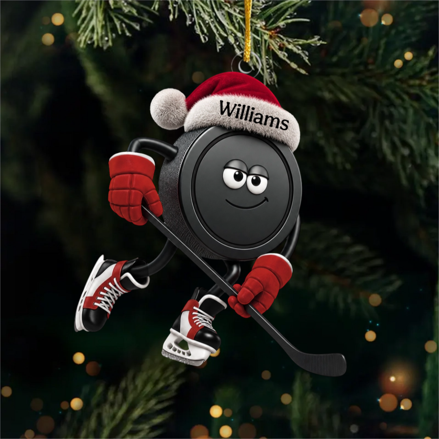 Personalized Action Pose Hockey Puck With Santa Hat – Custom Christmas Hanging Ornament For Hockey Fans
