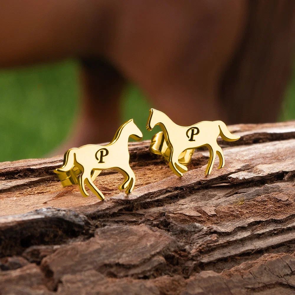 Personalized Little Galloping Horse Stud Earrings with Engraved Initial Gift for Horse Lover