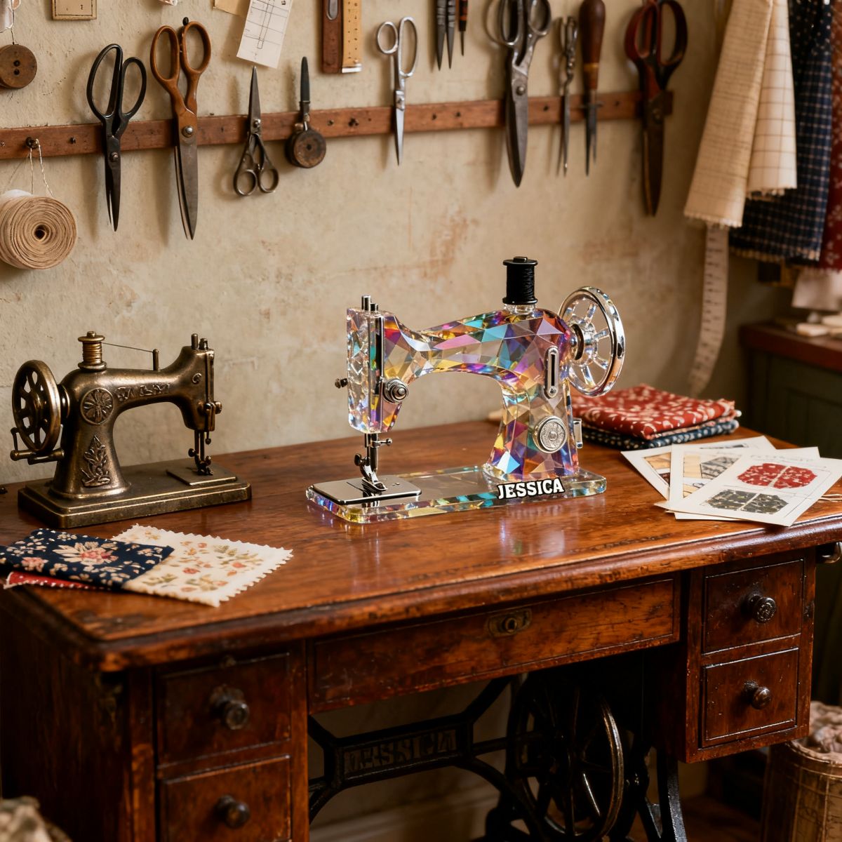 Stained Glass Effect Sewing Machine Custom Name Acrylic Plaque, Gift For A Tailor