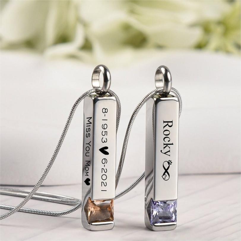 Personalized Birthstone Memorial Urn Necklace Two Sides Text