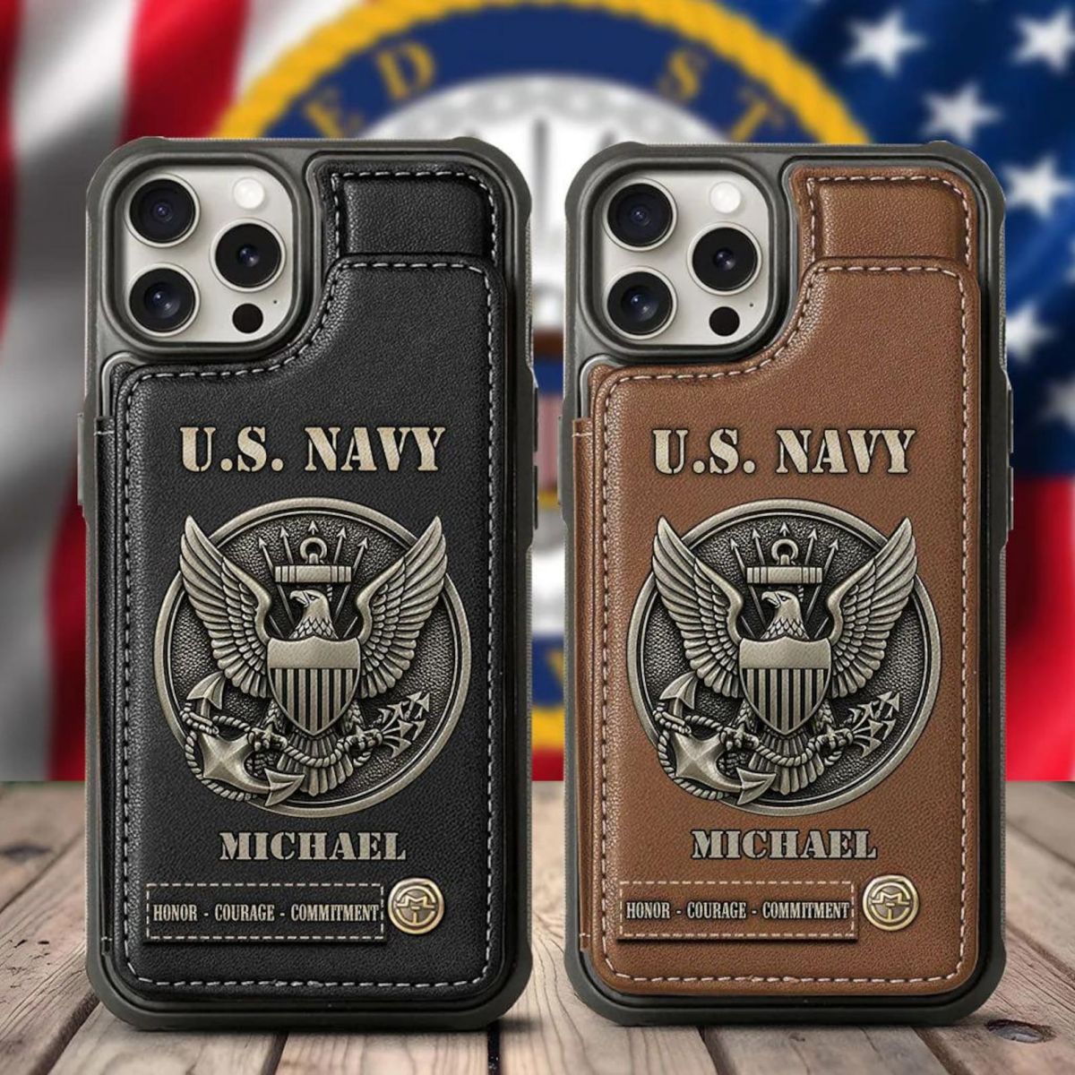 Personalized US Navy Leather Wallet Phone Case, Military Card Slots Phone Cover, Gift for Veterans, Gift for Dad Grandpa