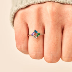 Personalized Baguette Mothers 3-6 Birthstones Family 925 Silver Ring