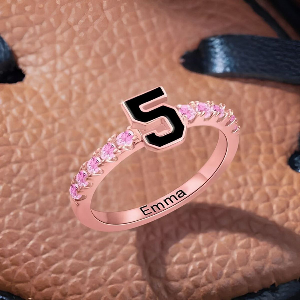 Personalized Sports Team Number Birthstone Ring with Custom Engraving Text - Basketball Baseball Mom Ring