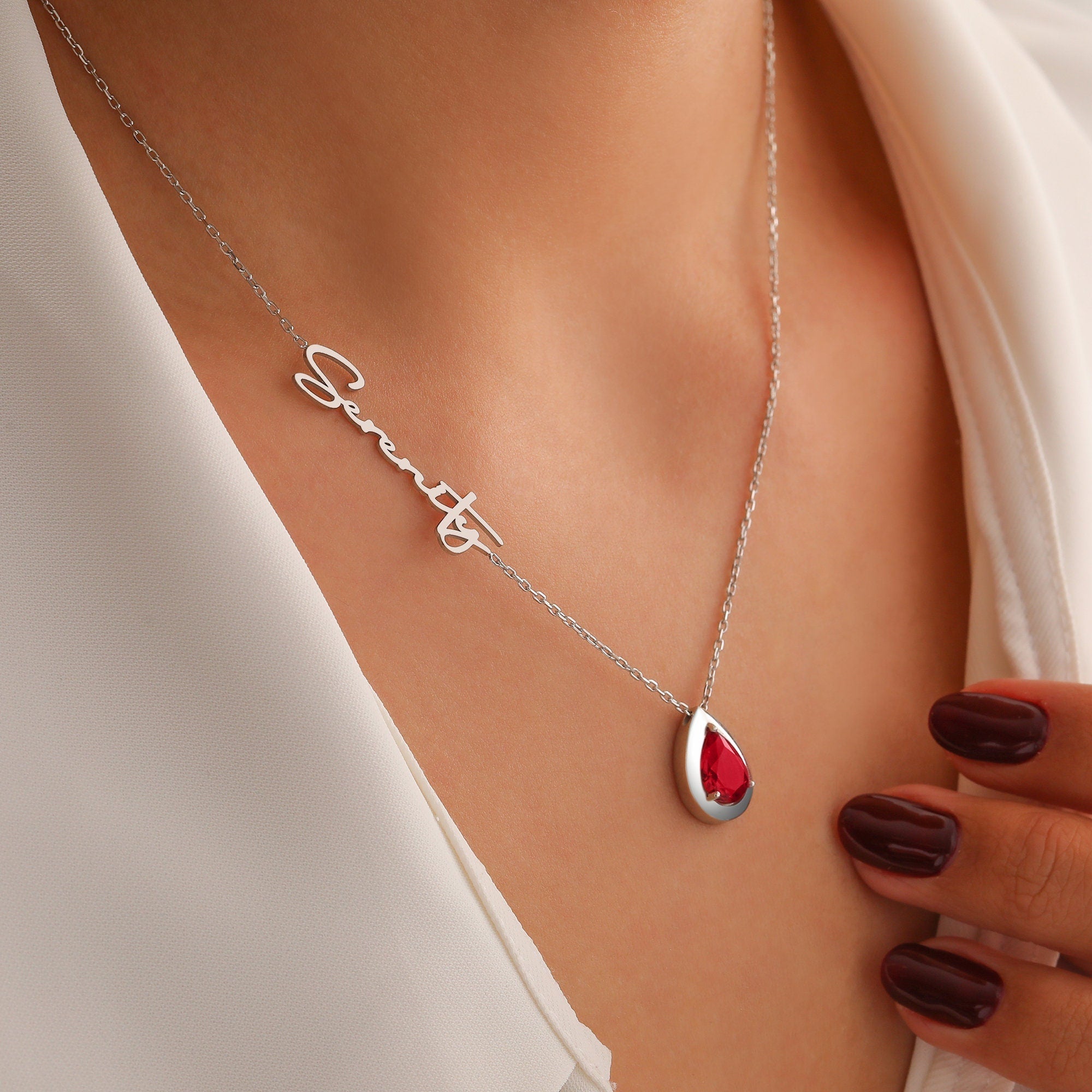 Custom Personalized Diamond Birthstone, Teardrop Stone with Name Necklace, Multi Gemstone Pendant for Her