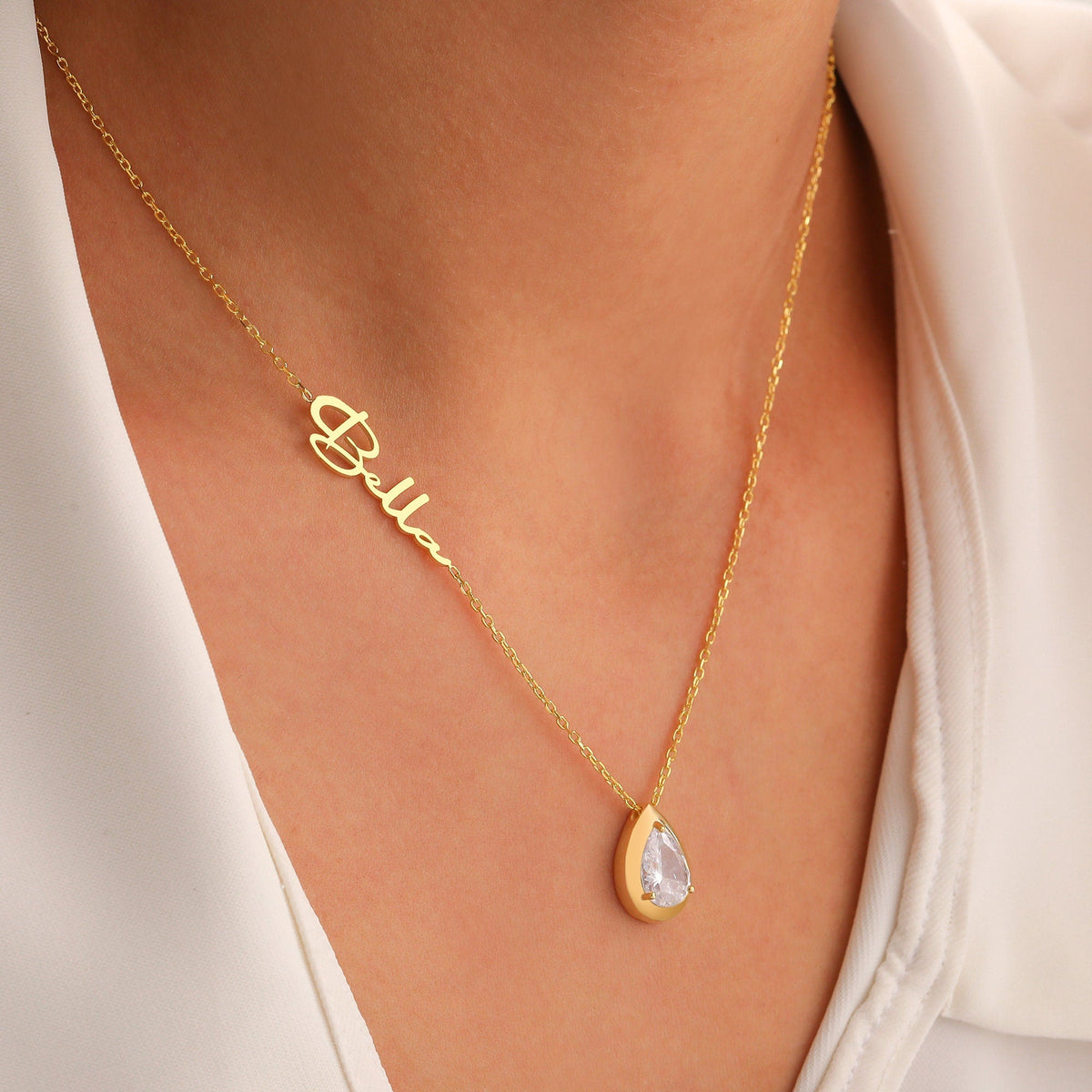 Custom Personalized Diamond Birthstone, Teardrop Stone with Name Necklace, Multi Gemstone Pendant for Her