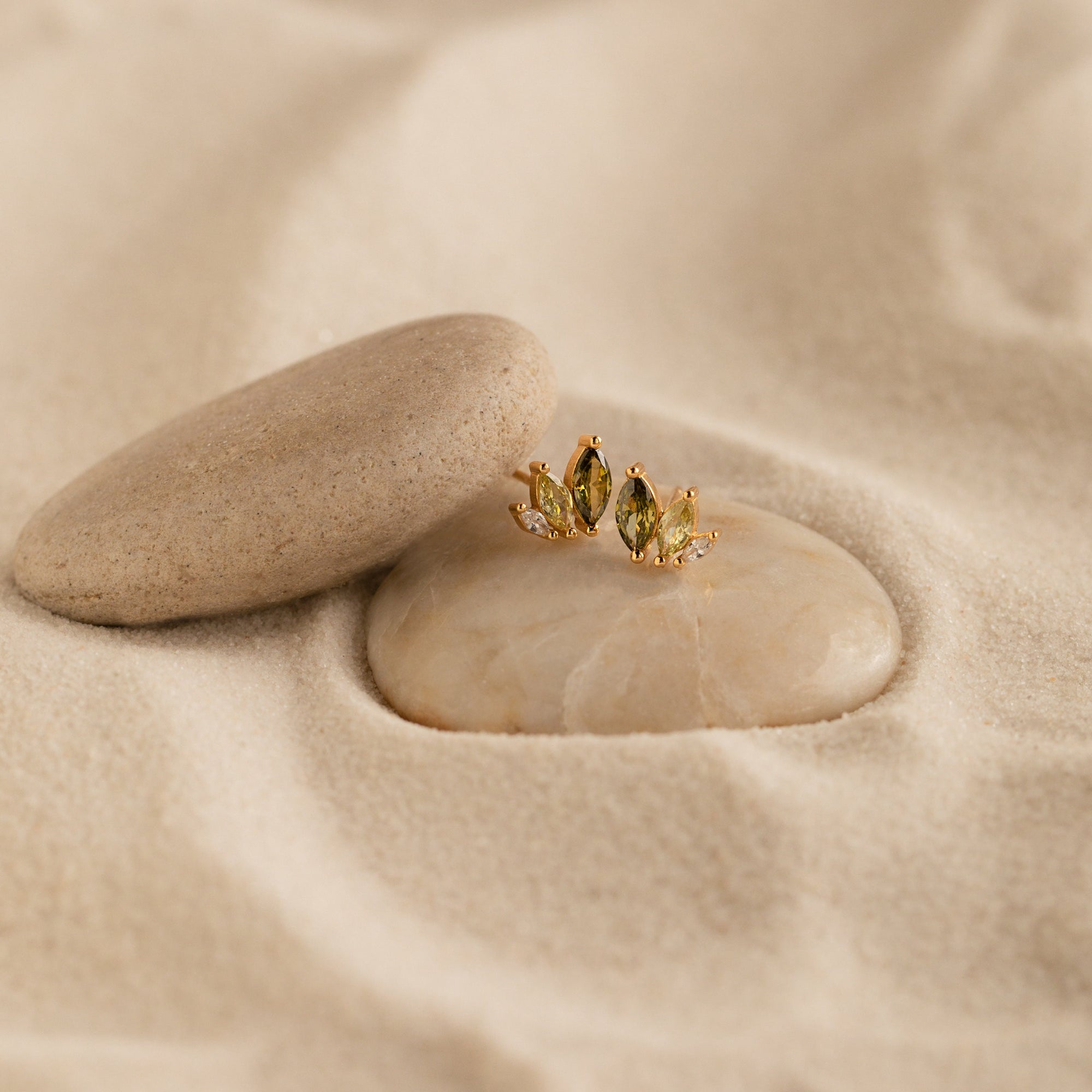 Minimalist Stud Earrings, Olive Leaf Style • Green Crystal Earrings