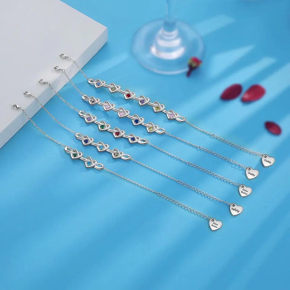Personalized Linked Heart Bracelet With Birthstones Engraved Name