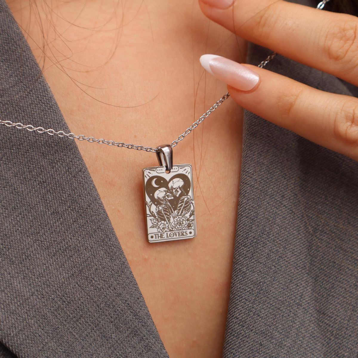 Personalized Couple Skull The Lovers Tarot Card Necklace