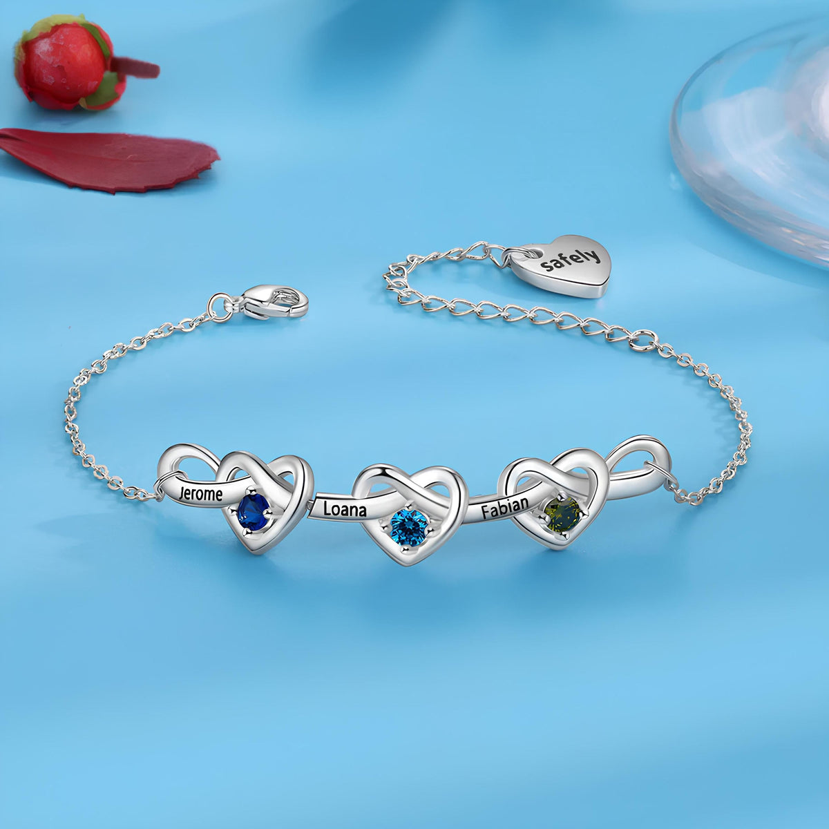 Personalized Linked Heart Bracelet With Birthstones Engraved Name
