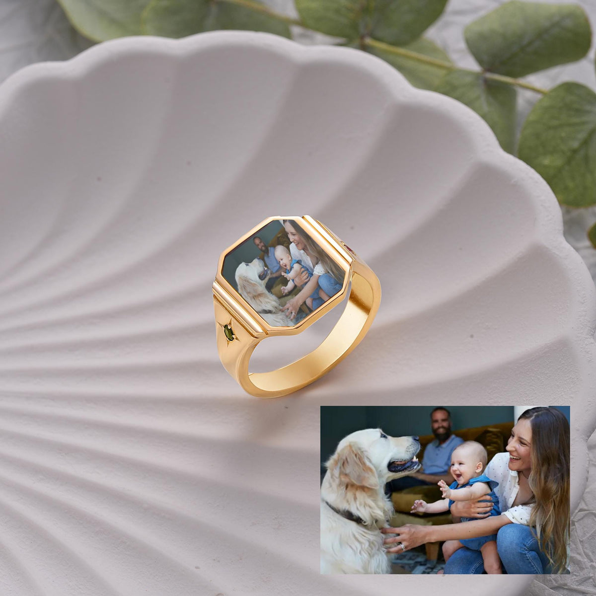Photo Ring With 2 Birthstones, Personalized Gift for Her