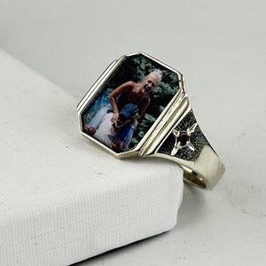 Photo Ring With 2 Birthstones, Personalized Gift for Her