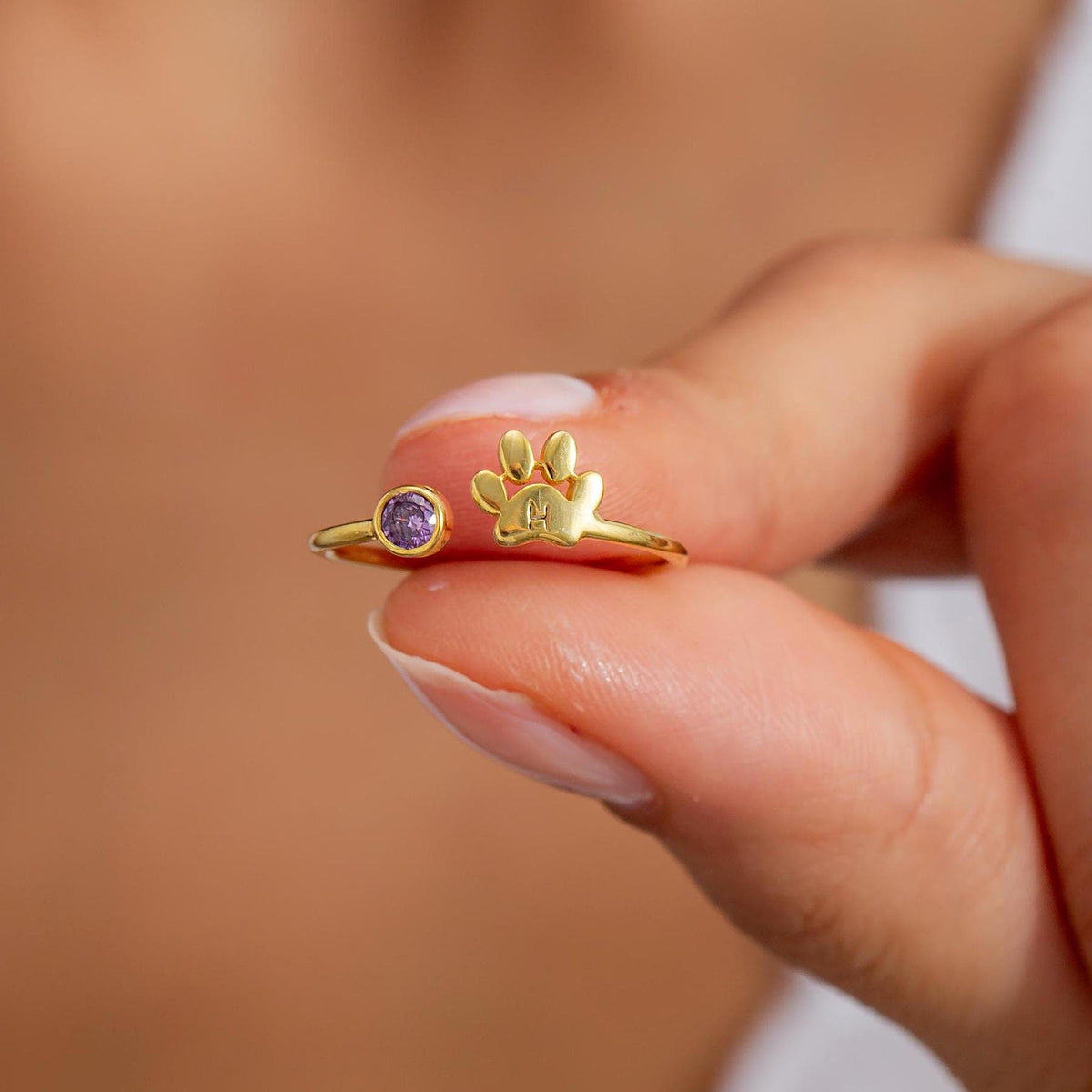 Personalized Engraved Paw Birthstone Ring Gift for Pet Lovers